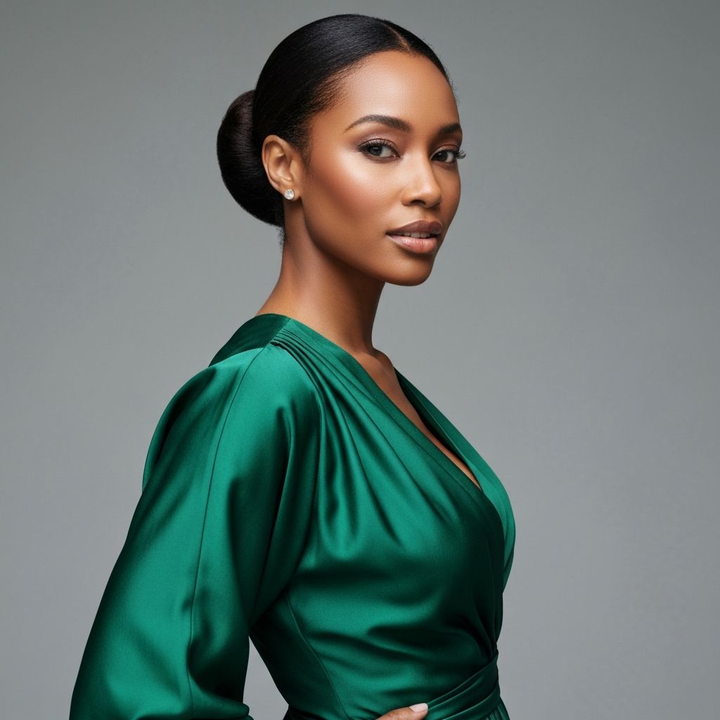 Elegant African American woman in luxurious green fashion